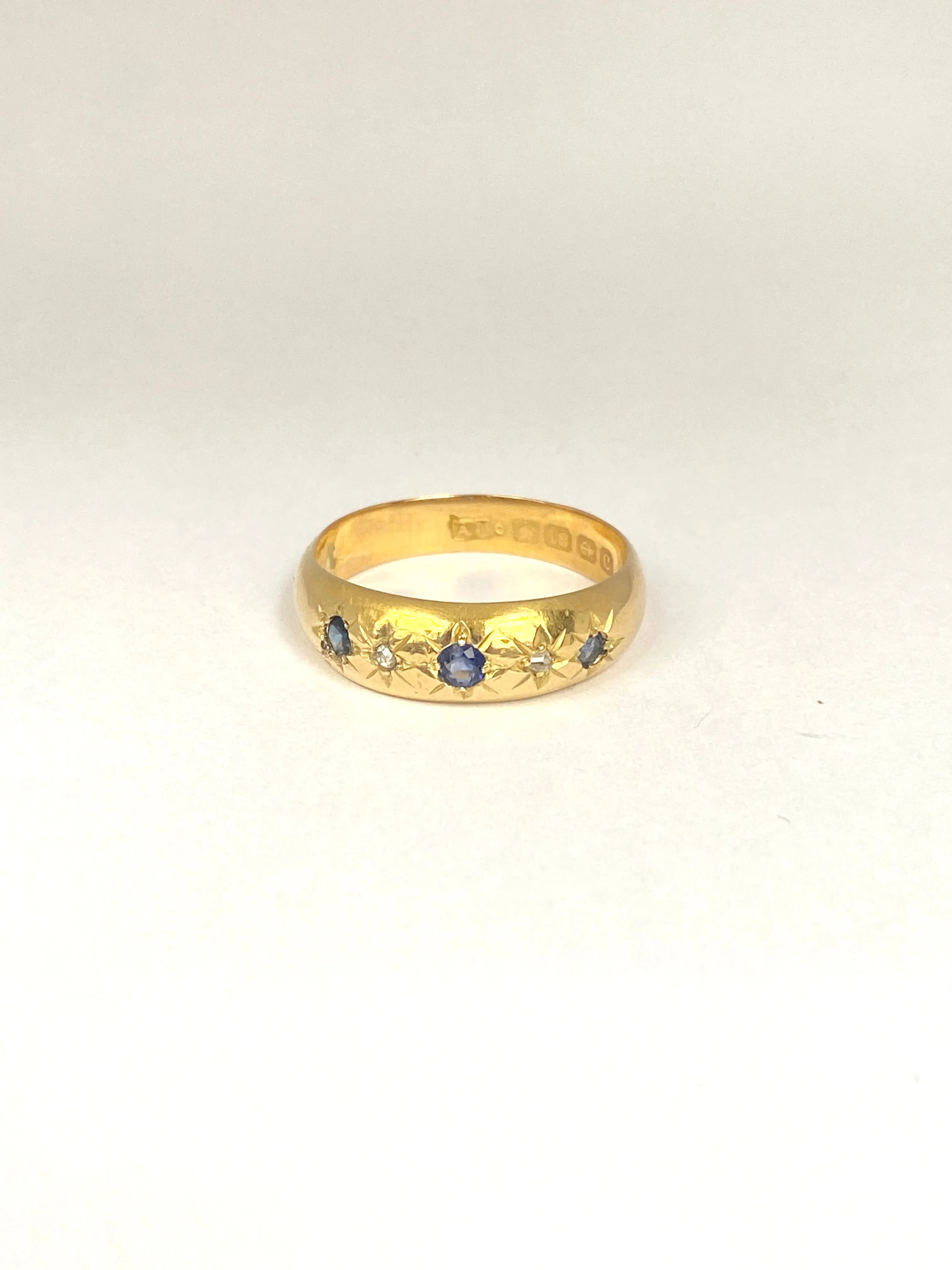 Antique Edwardian 18ct Gold Cornflower Sapphire and Diamond Gypsy Ring, Hallmarked Birmingham, 1902