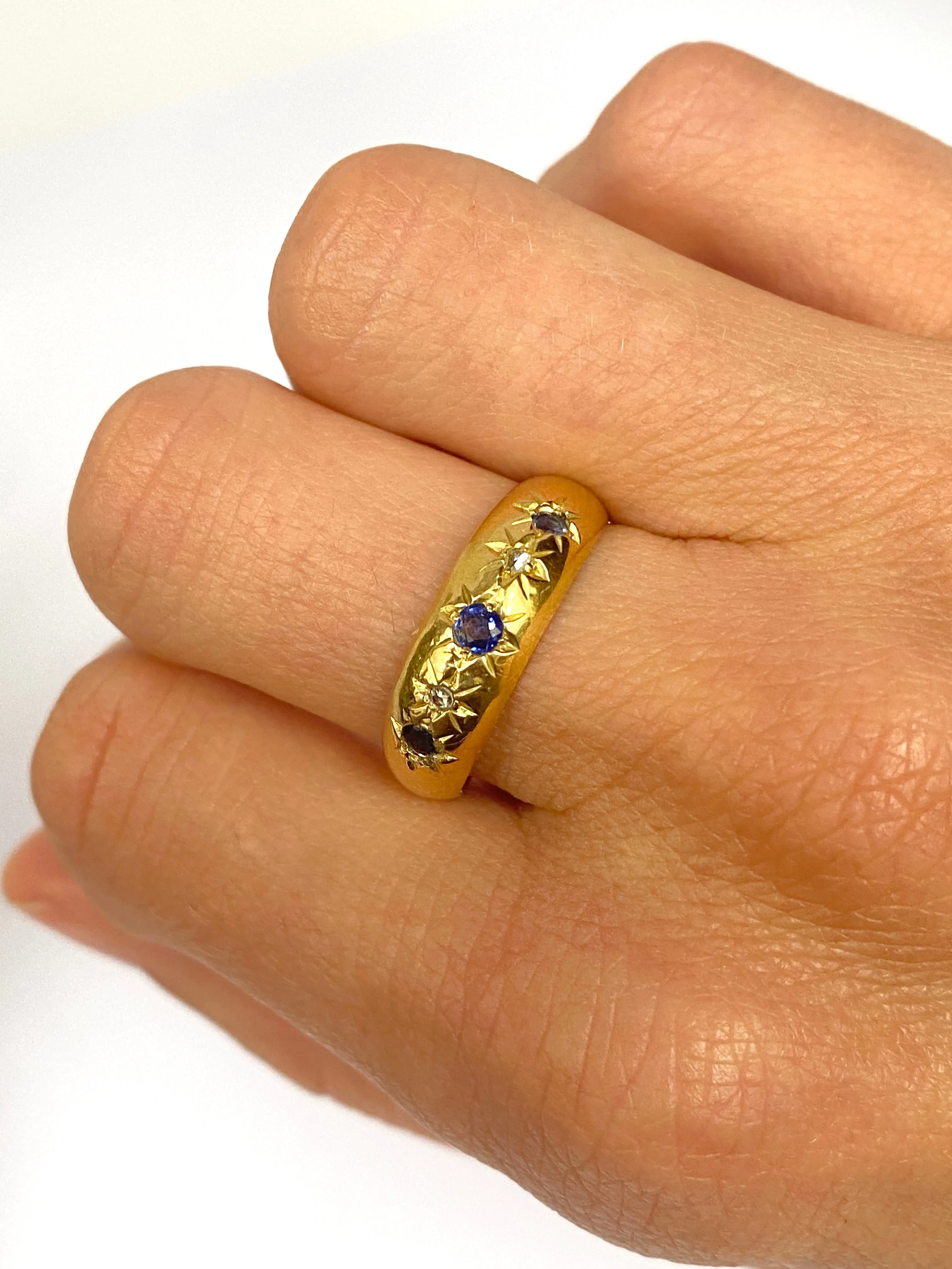 Antique Edwardian 18ct Gold Cornflower Sapphire and Diamond Gypsy Ring, Hallmarked Birmingham, 1902