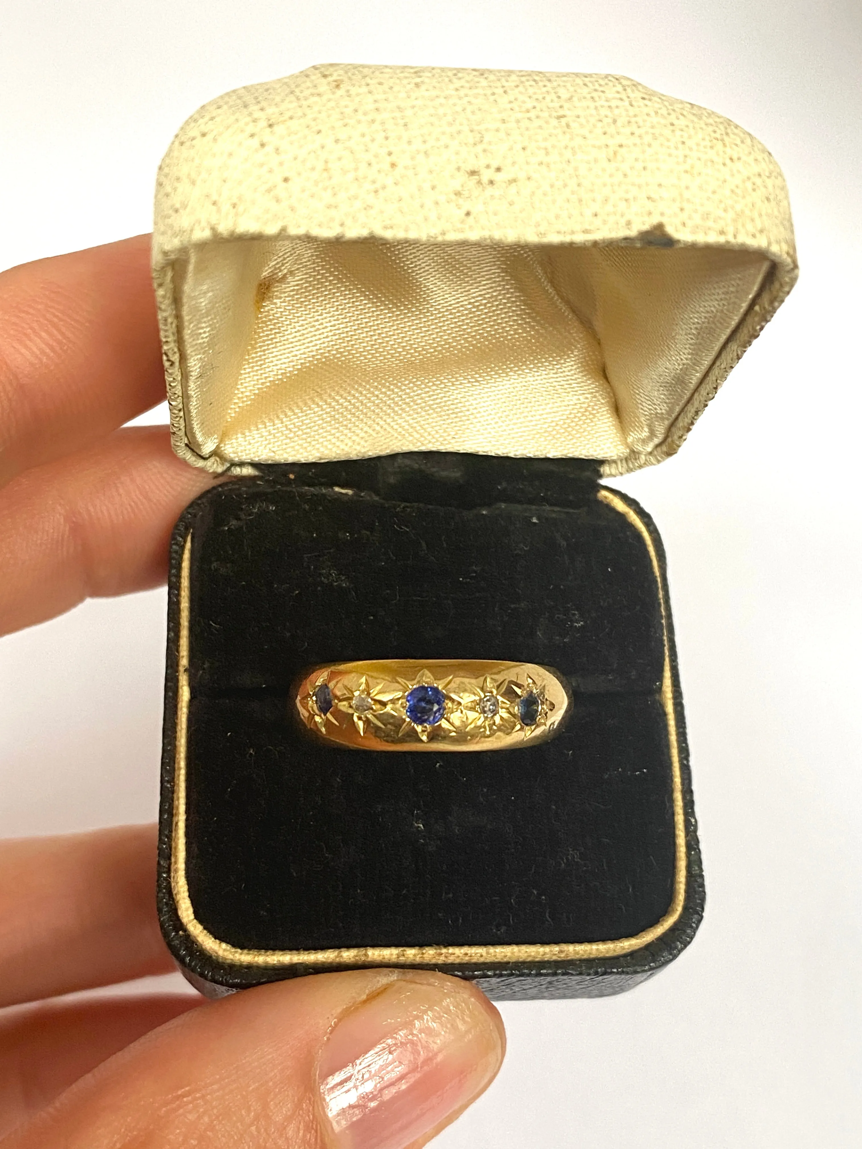 Antique Edwardian 18ct Gold Cornflower Sapphire and Diamond Gypsy Ring, Hallmarked Birmingham, 1902