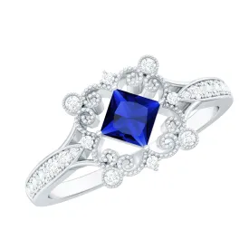 Antique Style Princess Cut Created Blue Sapphire and Diamond Engagement Ring