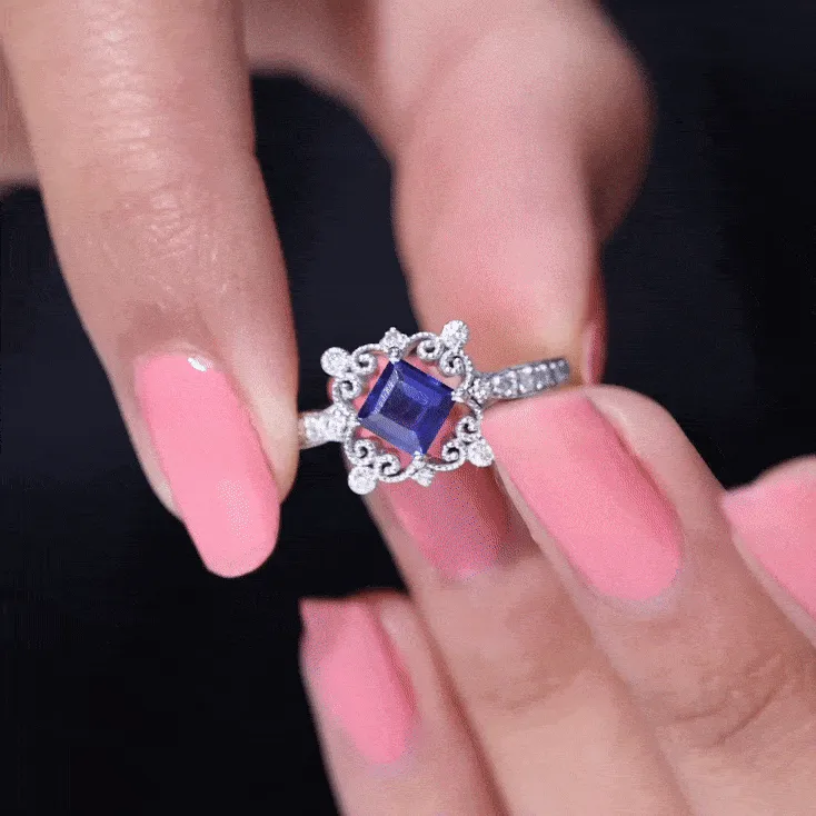 Antique Style Princess Cut Created Blue Sapphire and Diamond Engagement Ring