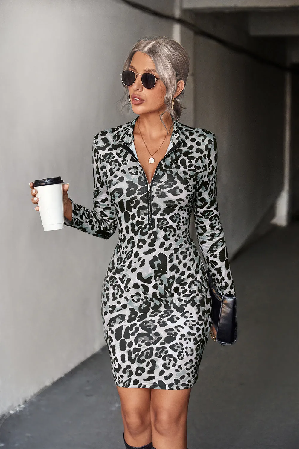 *App Exclusive* Leopard Half-Zip Mini Dress