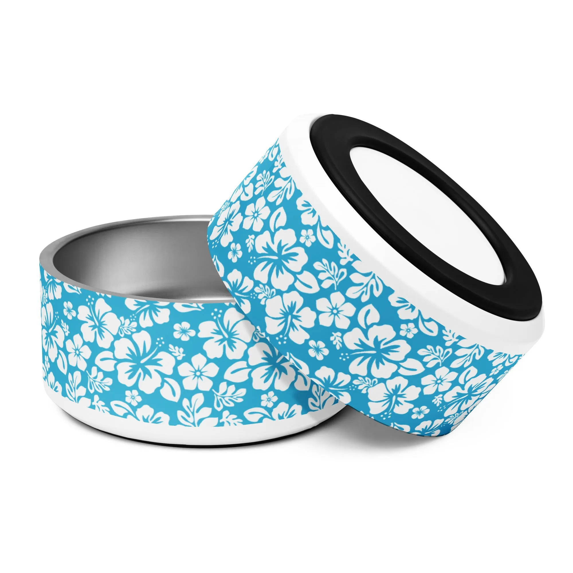 Aqua Blue and White Hawaiian Flowers Pet Bowl