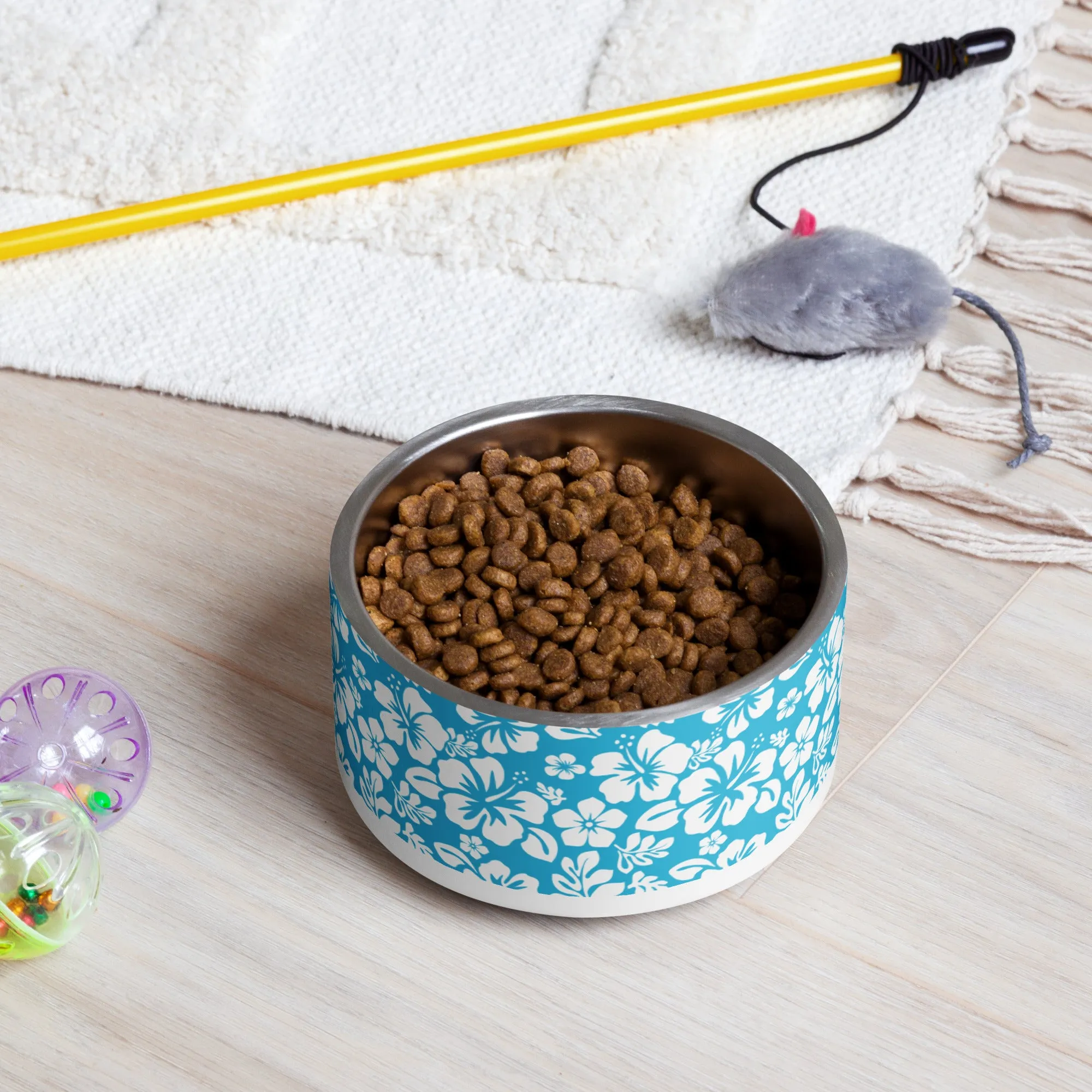 Aqua Blue and White Hawaiian Flowers Pet Bowl