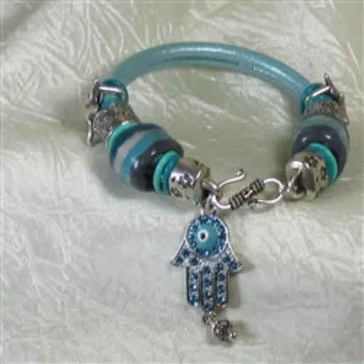 Aqua Leather Bracelet with Kazuri Bead Large hole