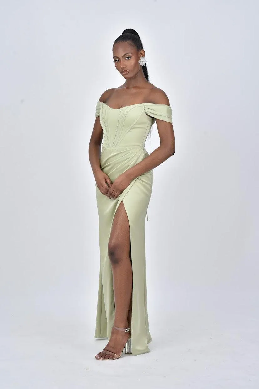 ARIANNA Detachable Off Shoulder Corset Bridesmaids Maxi Dress with Side Split - Sage Green