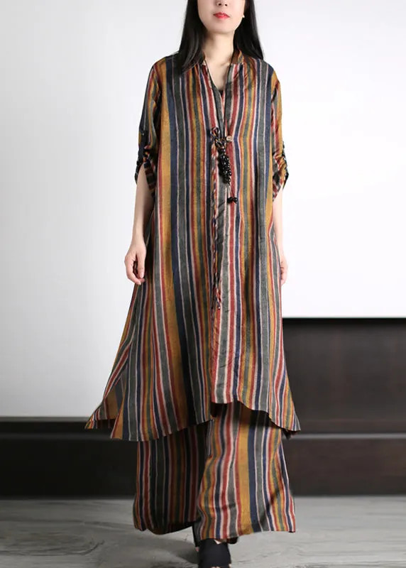 Art Coffee V Neck Striped Patchwork Silk Maxi Shirts And Wide Leg Pants Two Piece Set Spring LY5137