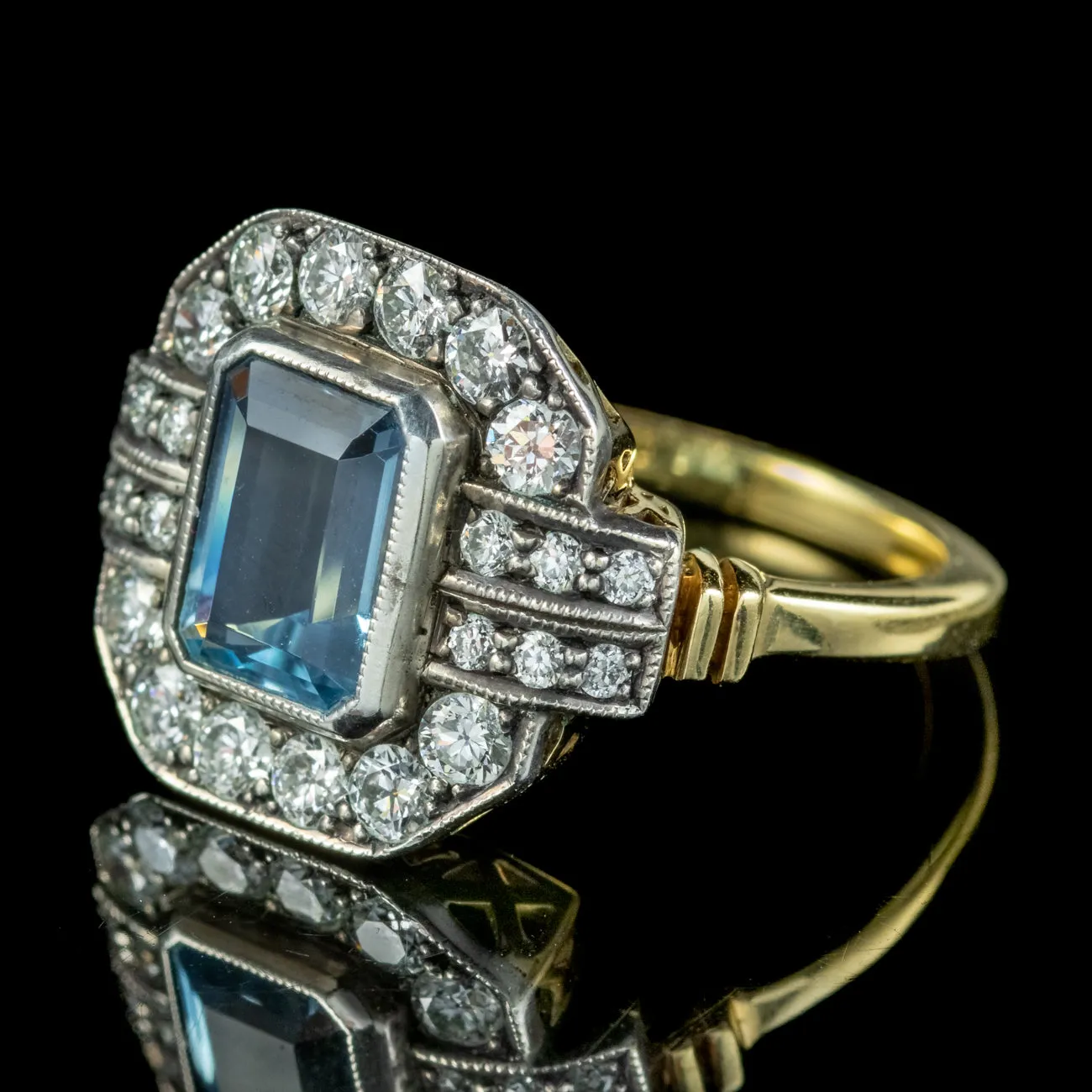 Art Deco Aquamarine Diamond Cluster Ring 2ct Aqua