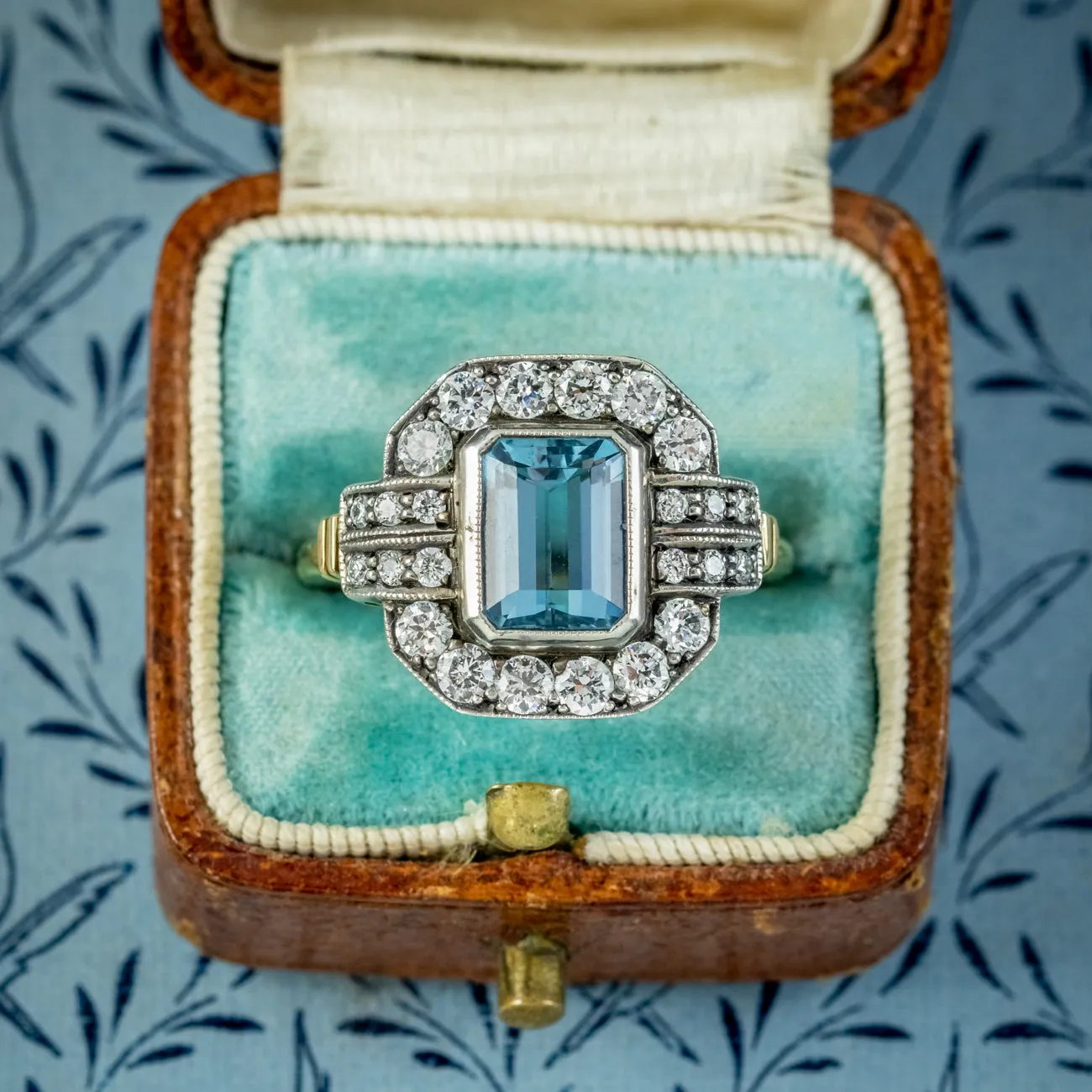 Art Deco Aquamarine Diamond Cluster Ring 2ct Aqua