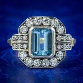 Art Deco Aquamarine Diamond Cluster Ring 2ct Aqua