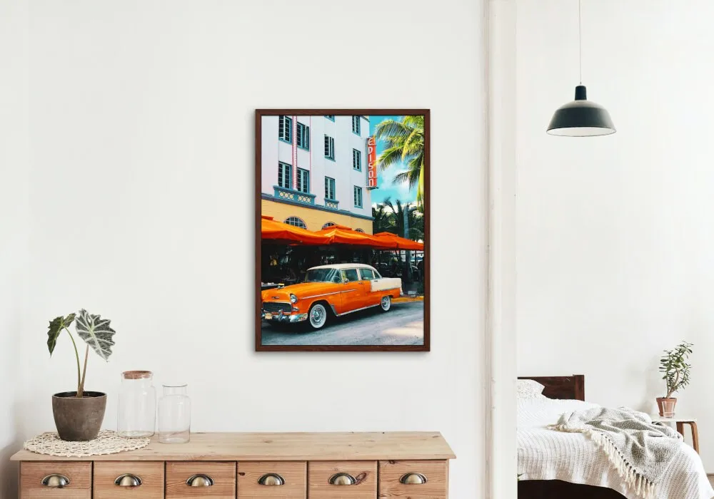 Art Deco Miami Beach Poster PRINTABLE WALL ART, Retro Vintage Wall Art, Orange Vintage Car, Vintage Wall Art Living Room, Miami Photography