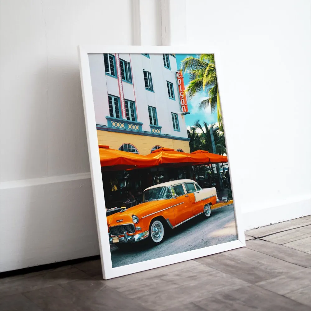 Art Deco Miami Beach Poster PRINTABLE WALL ART, Retro Vintage Wall Art, Orange Vintage Car, Vintage Wall Art Living Room, Miami Photography