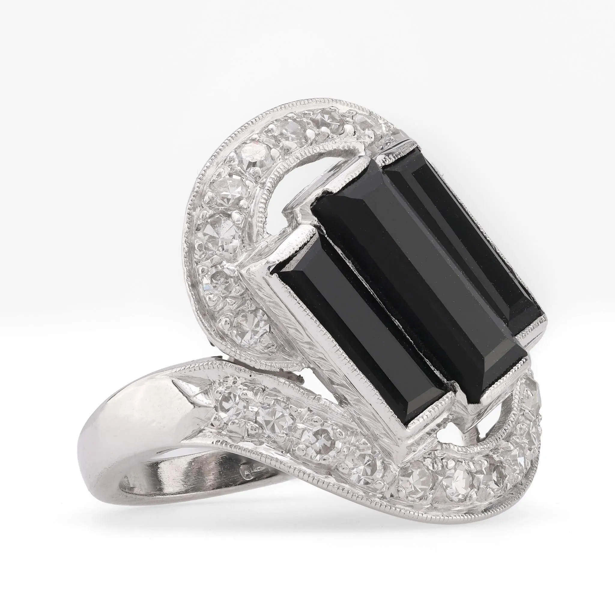 Art Deco Onyx Diamond Platinum Three Stone Ring