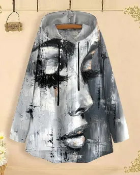 Artistic Black and White Portrait Long-Sleeved with Loose Hem Hoodie