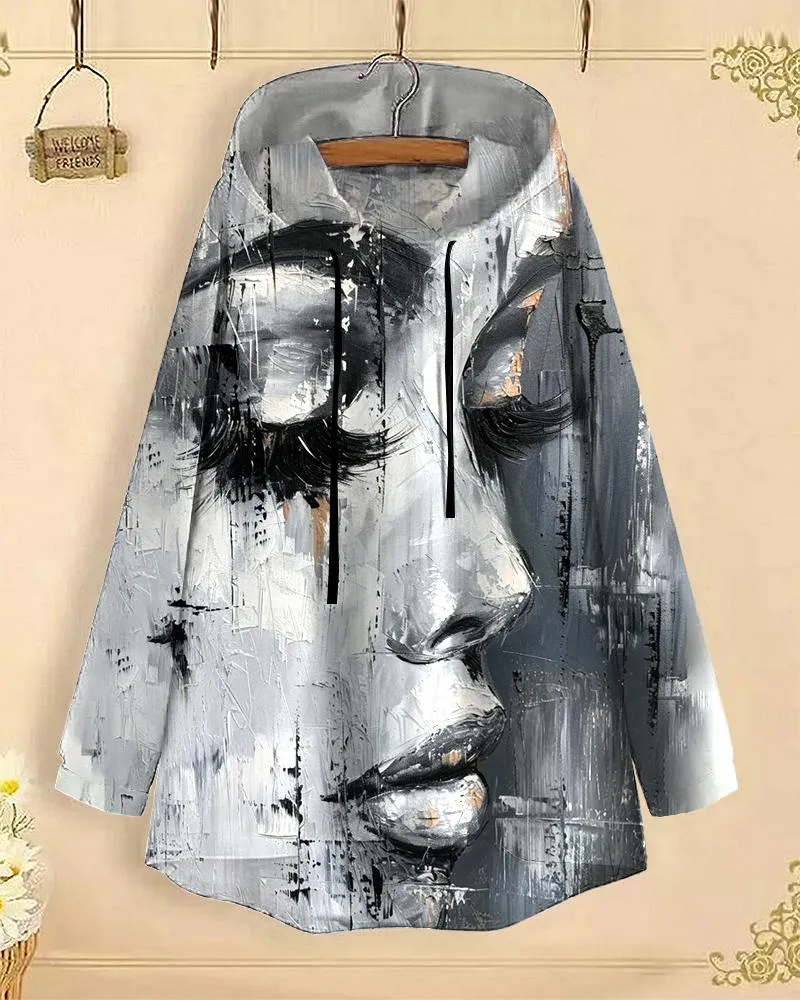 Artistic Black and White Portrait Long-Sleeved with Loose Hem Hoodie