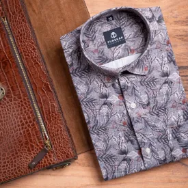 Ash Grey Color Morrocan Leaf Printed Shirt For Men