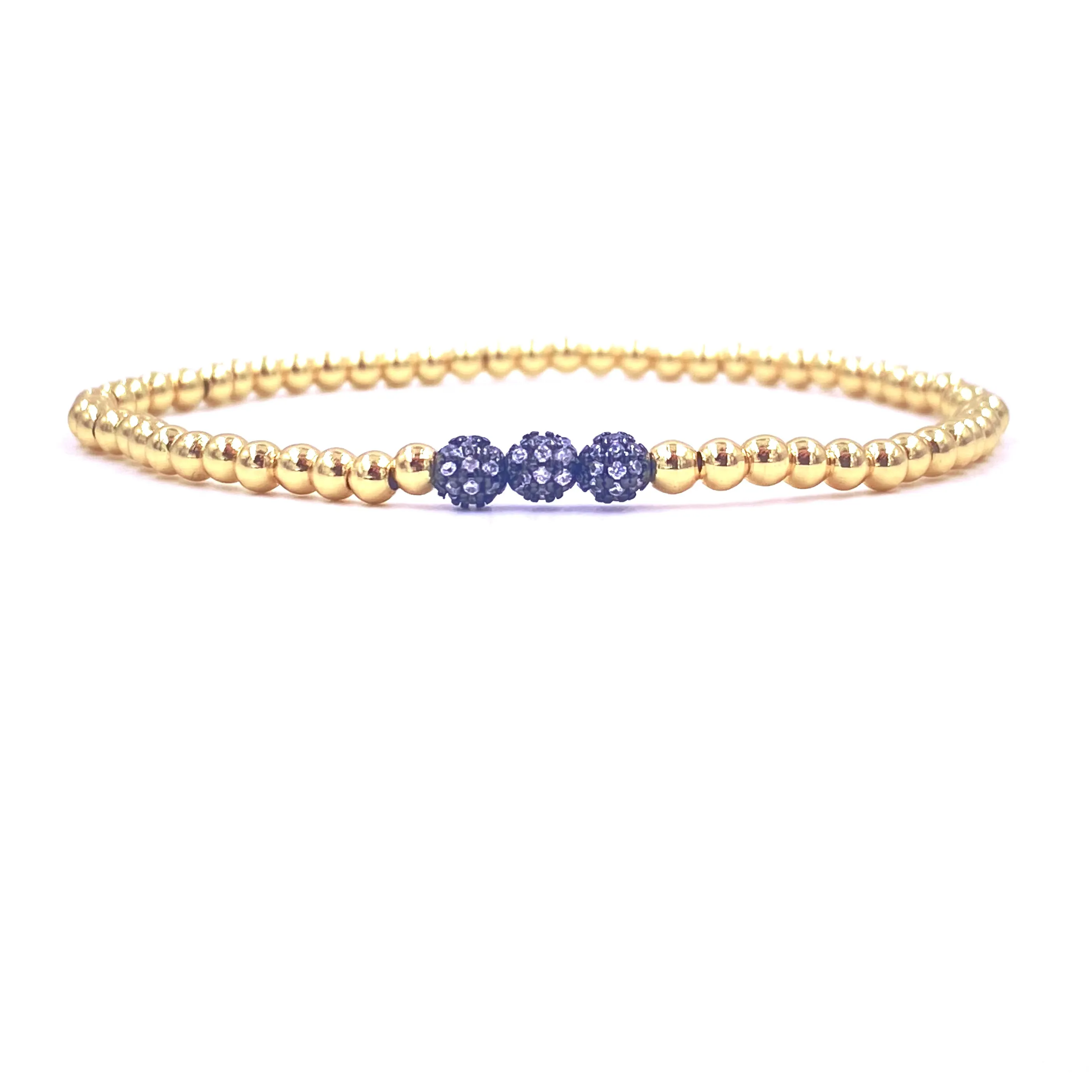 Ashley Gold Stainless Steel Gold Plated Three Center CZ Ball Design Stretch Beaded Bracelet