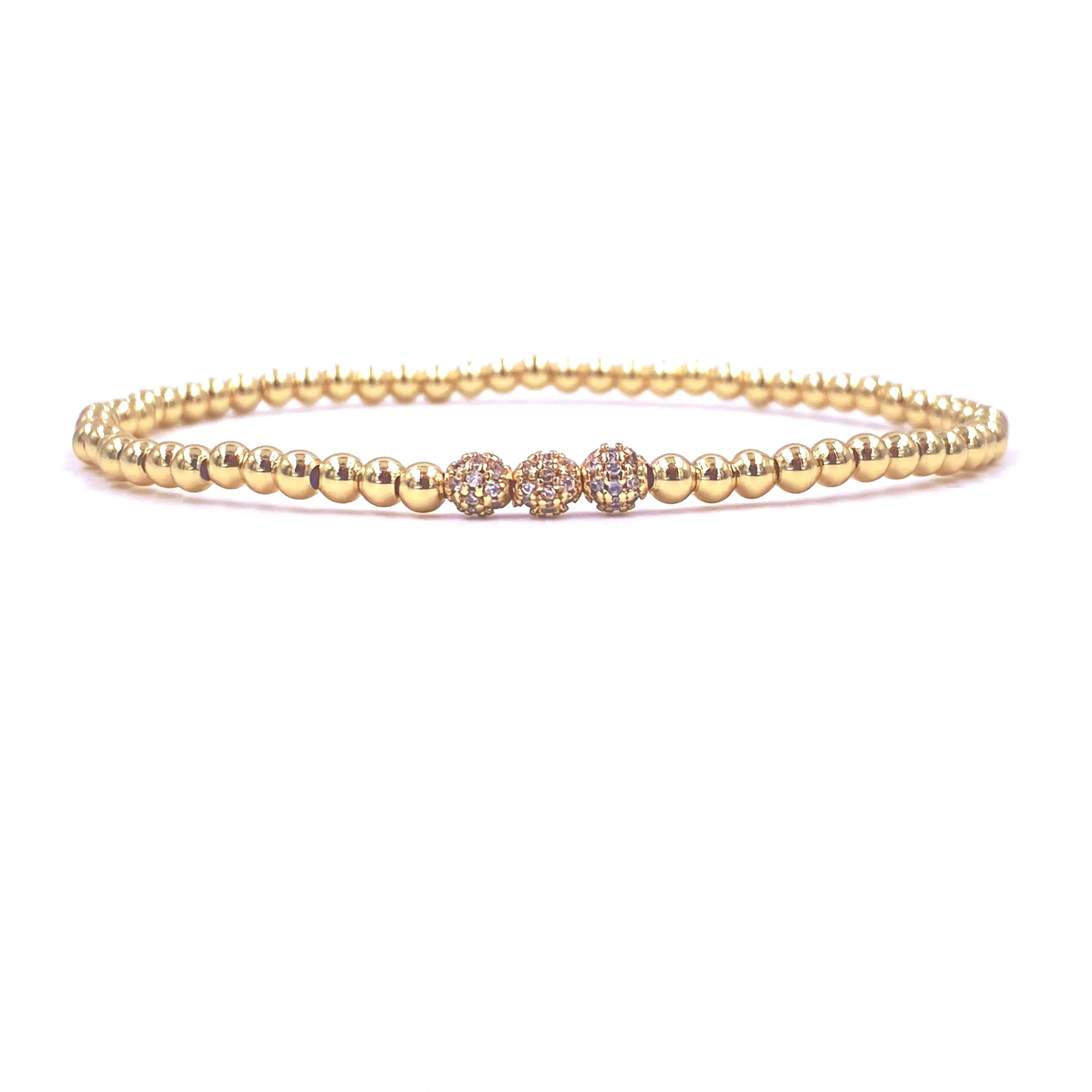 Ashley Gold Stainless Steel Gold Plated Three Center CZ Ball Design Stretch Beaded Bracelet