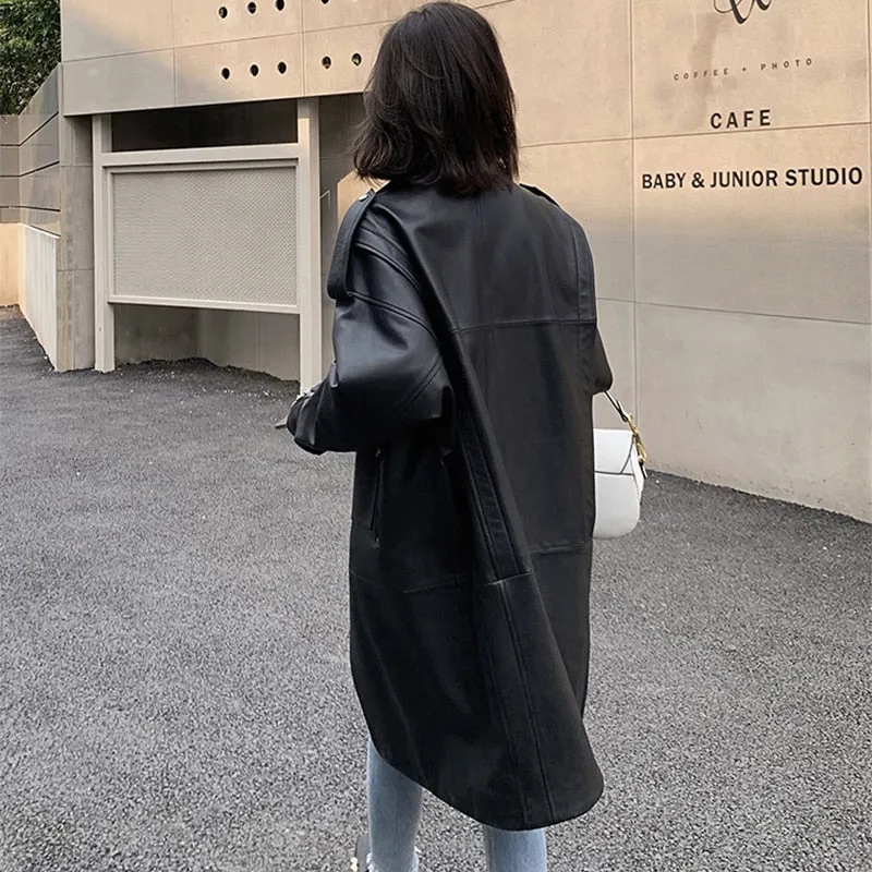 Ashore Shop  Autumn Oversized Black Long Womens Leather Biker Jacket Long Sleeve Spring Loose Faux Leather Coat Streetwear 2022