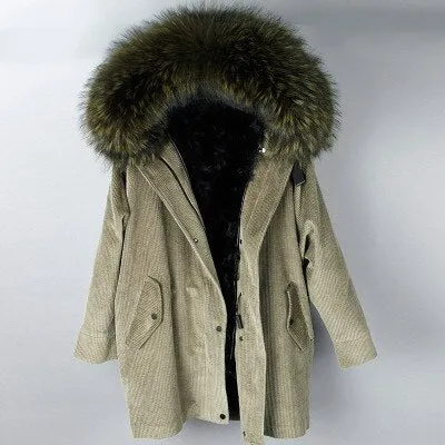 Ashore Shop fur coat coat winter jacket lady corduroy large real raccoon fur collar warm natural lamb fur lining coat