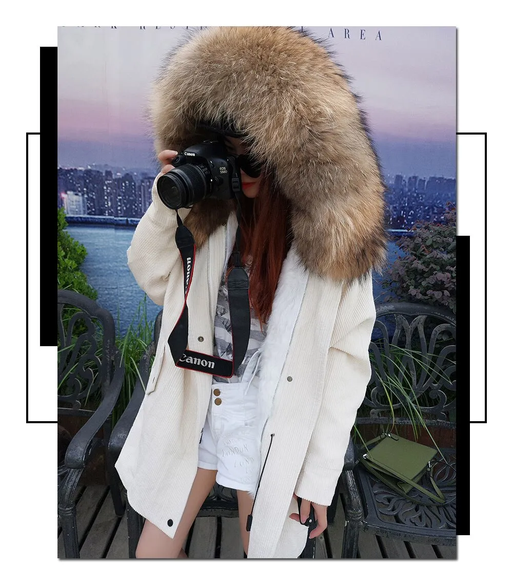 Ashore Shop fur coat coat winter jacket lady corduroy large real raccoon fur collar warm natural lamb fur lining coat