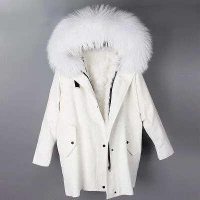 Ashore Shop fur coat coat winter jacket lady corduroy large real raccoon fur collar warm natural lamb fur lining coat