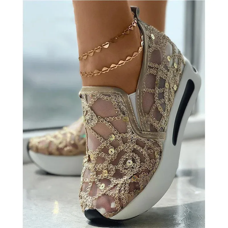 Ashore Shop womens Wedge Shoes Sequin Mesh Breathable Shoes Women Gold Silver Platform Sneakers