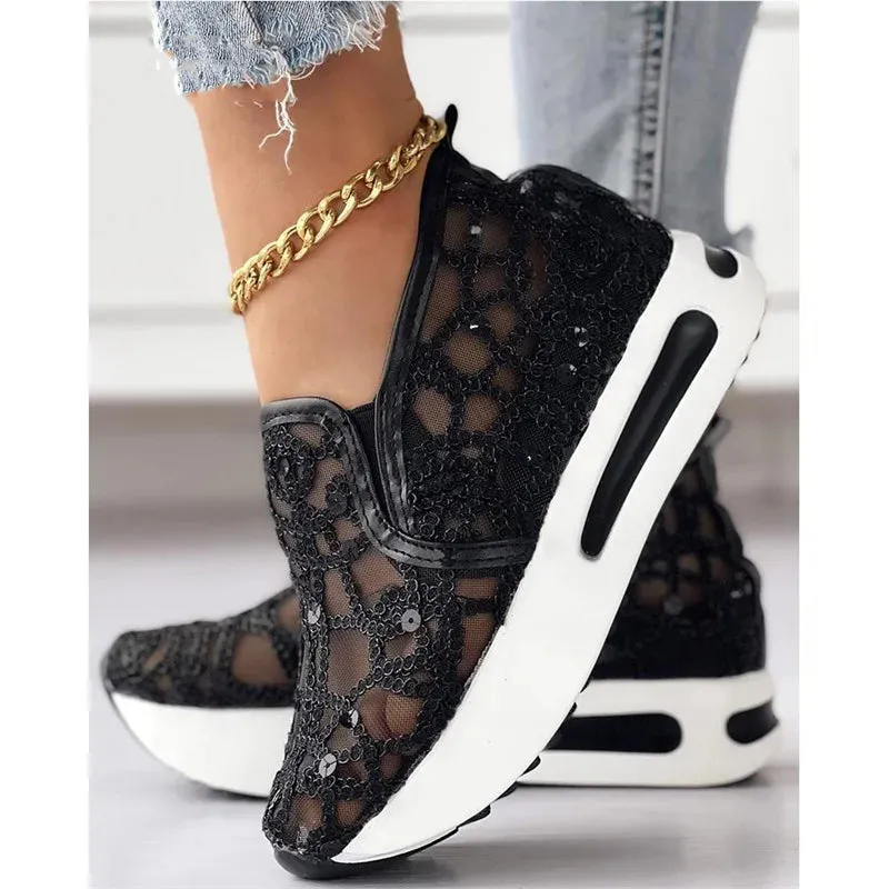 Ashore Shop womens Wedge Shoes Sequin Mesh Breathable Shoes Women Gold Silver Platform Sneakers