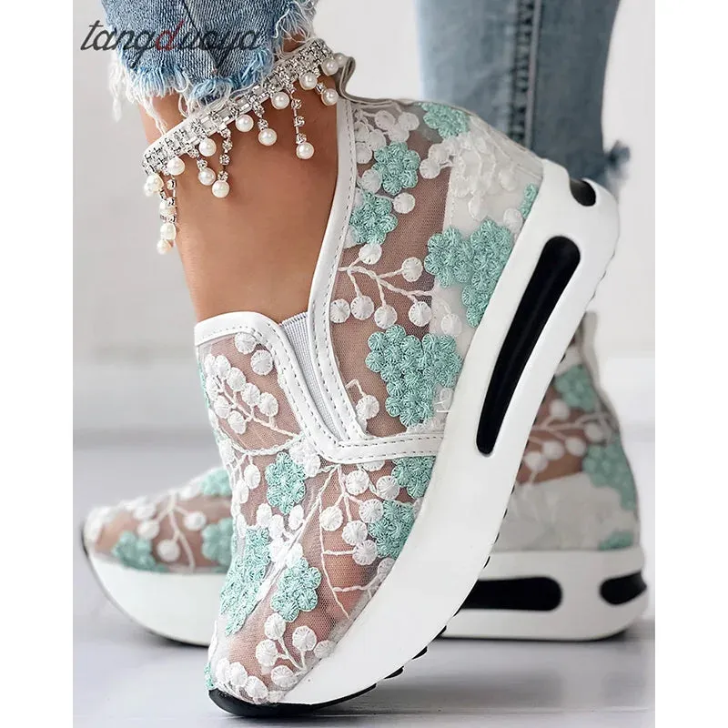 Ashore Shop womens Wedge Shoes Sequin Mesh Breathable Shoes Women Gold Silver Platform Sneakers