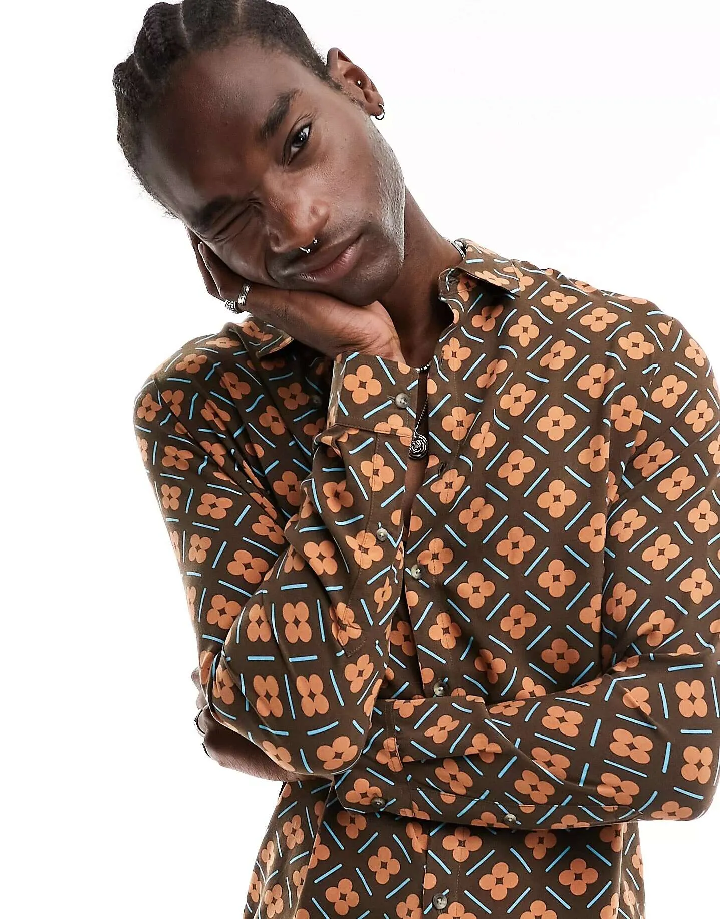 ASOS Geo Print Shirt in Brown