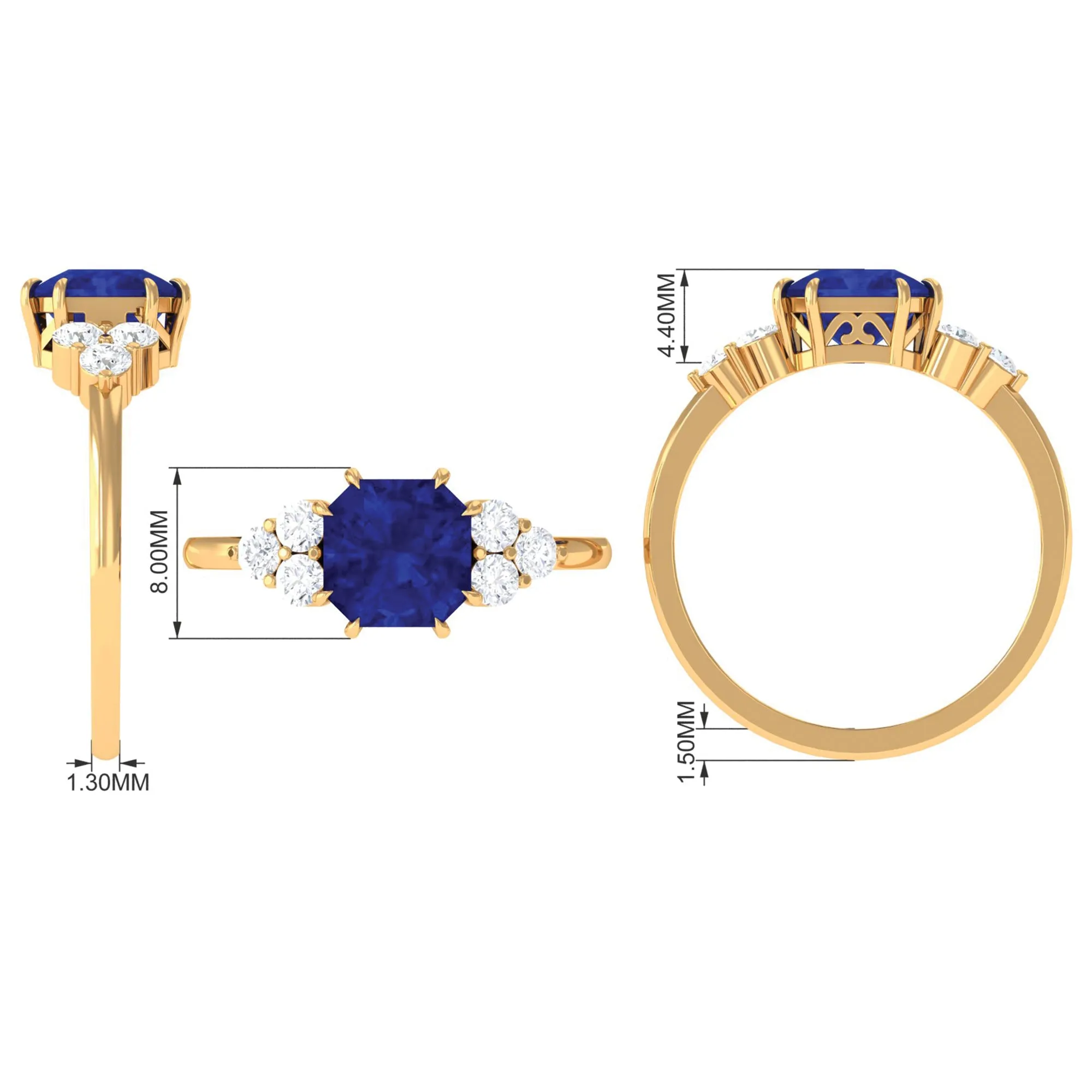 Asscher Cut Created Blue Sapphire Solitaire Engagement Ring with Diamond Trio