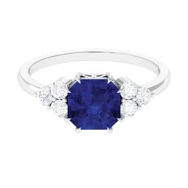 Asscher Cut Created Blue Sapphire Solitaire Engagement Ring with Diamond Trio