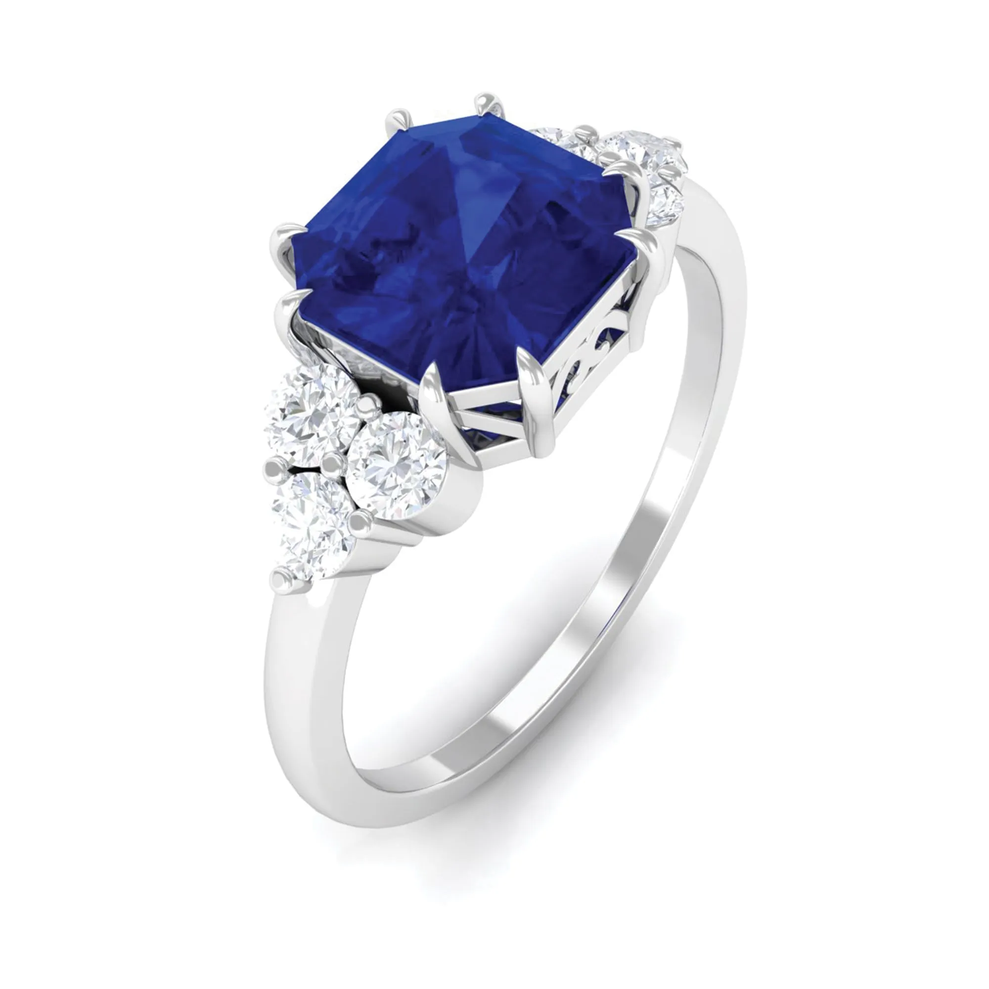 Asscher Cut Created Blue Sapphire Solitaire Engagement Ring with Diamond Trio