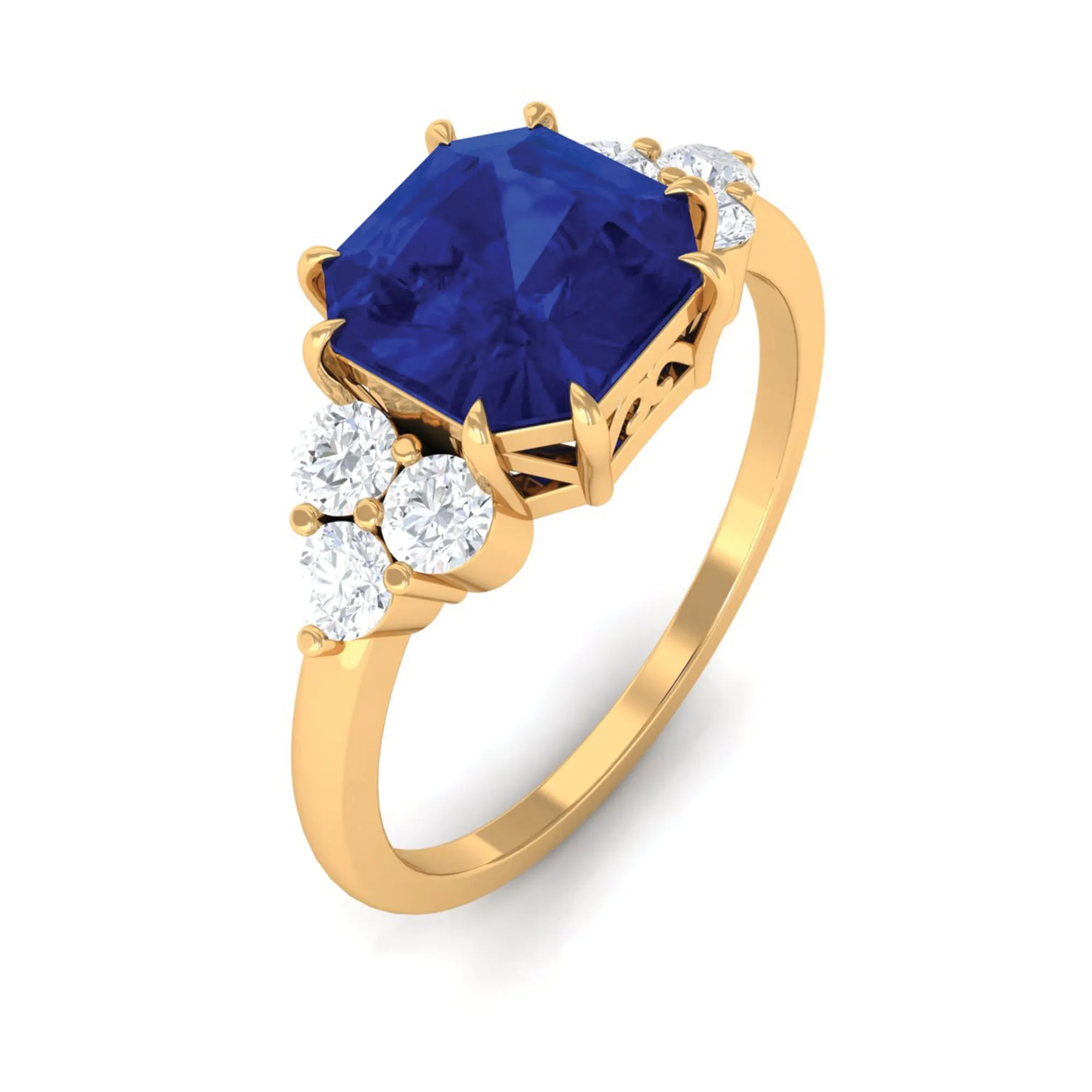 Asscher Cut Created Blue Sapphire Solitaire Engagement Ring with Diamond Trio