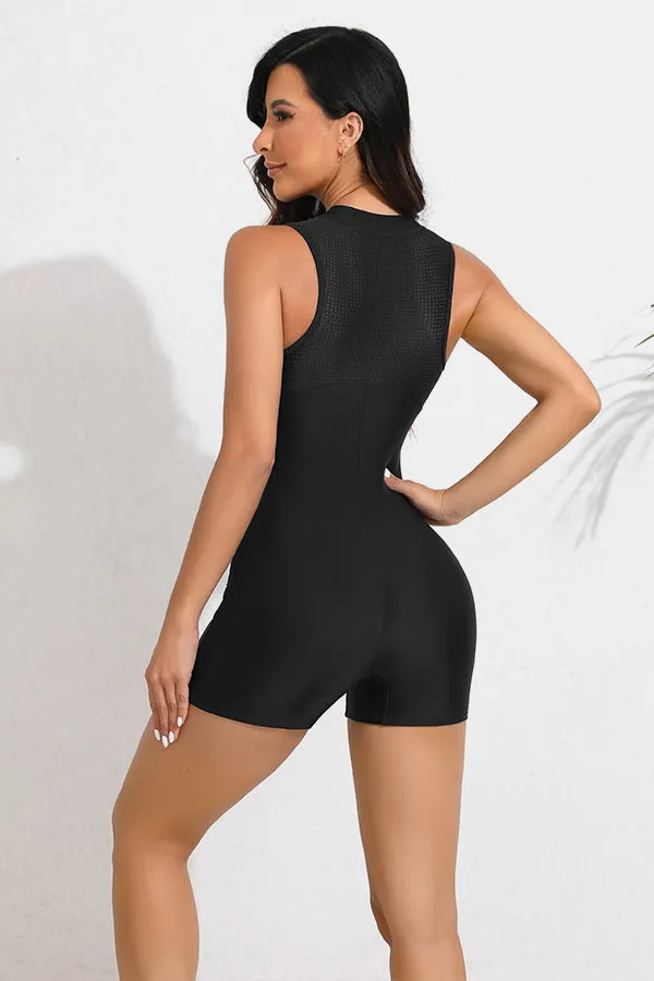 Athletic One Piece Zipper Up Black Modest Boyleg Swimsuits