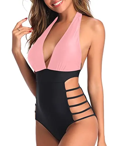 Attached Straps Monokini High Leg Cut Out String Swimwear-Pink And Black