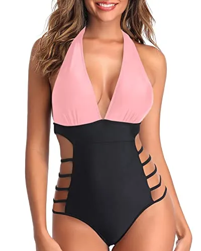 Attached Straps Monokini High Leg Cut Out String Swimwear-Pink And Black