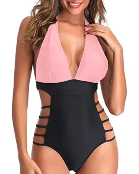 Attached Straps Monokini High Leg Cut Out String Swimwear-Pink And Black