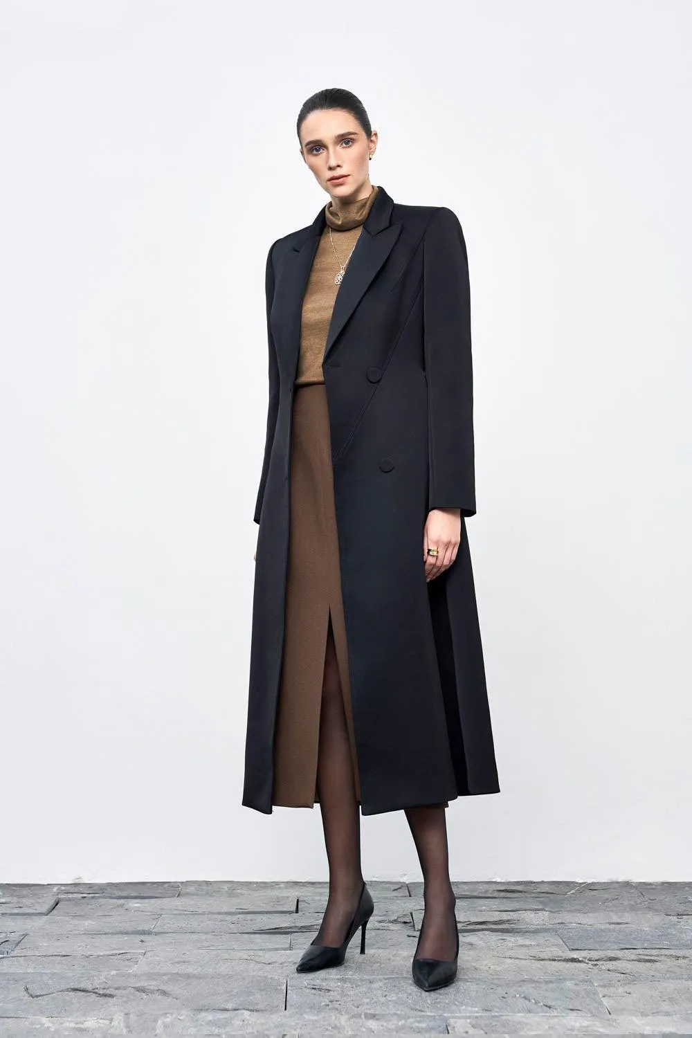 Audrey A-line Notch Lapel Taffeta Calf Length Trench Coat