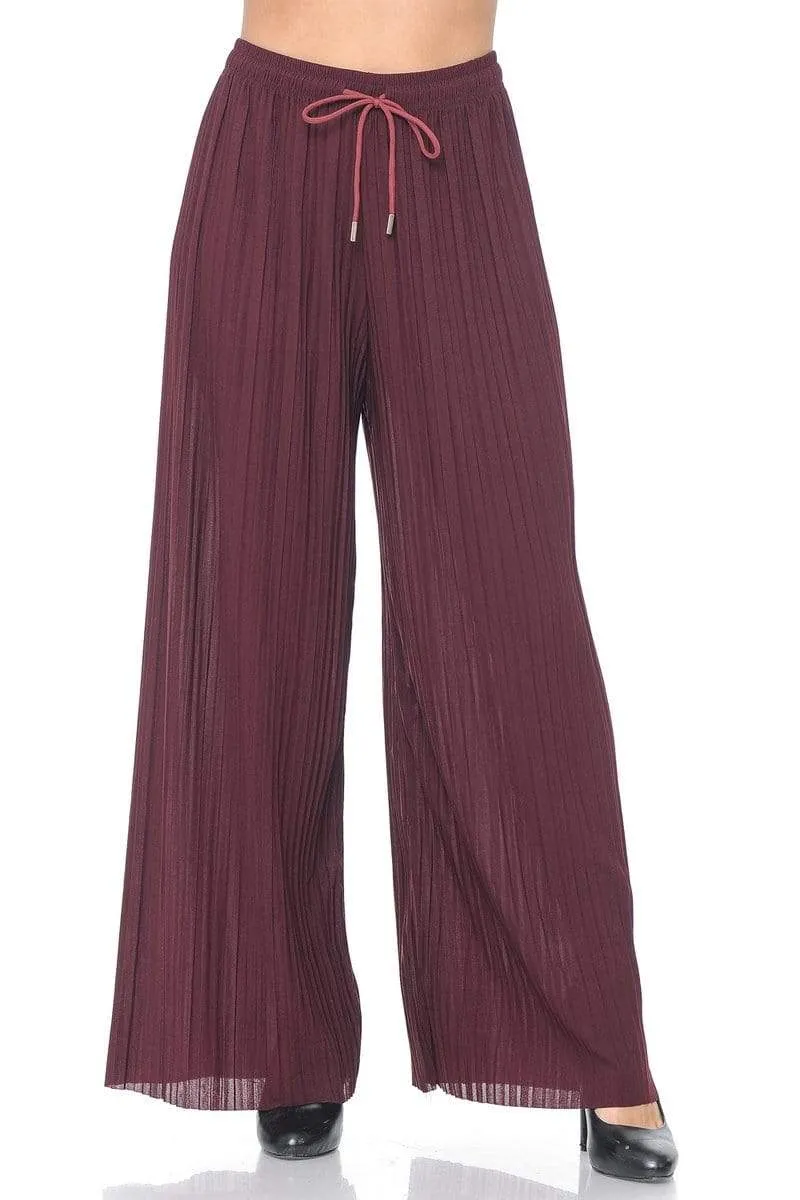 Auliné Collection Womens Solid Waistband Long Pleated Chiffon Palazzo Pants