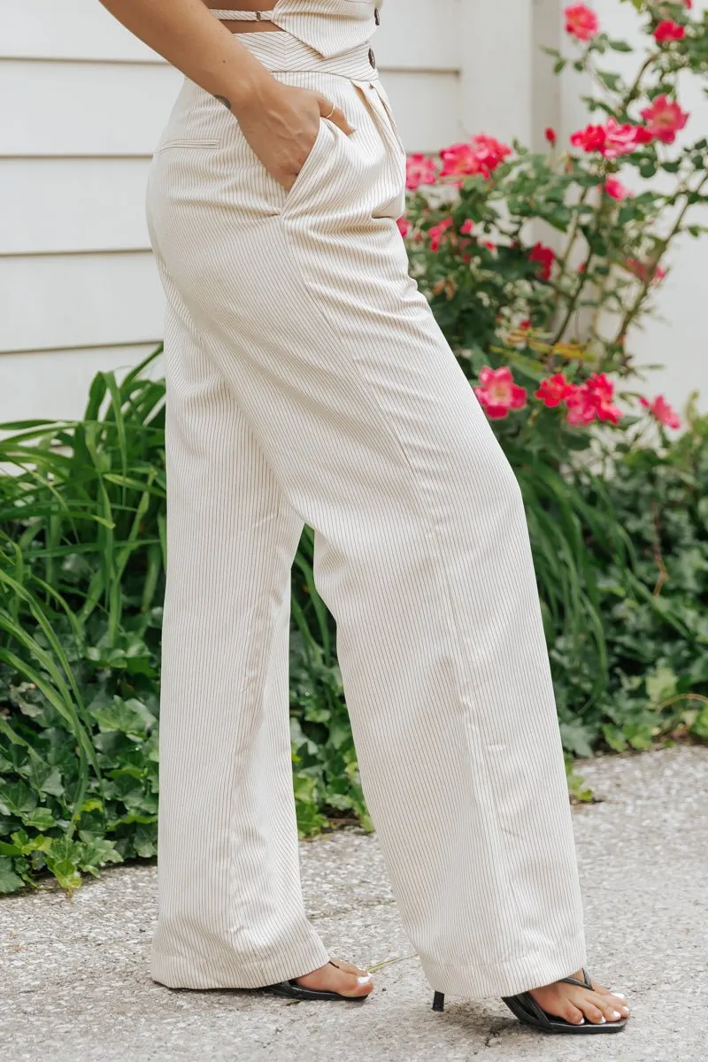 Aureum Ivory Pinstripe Twill Wide Leg Pants - FINAL SALE