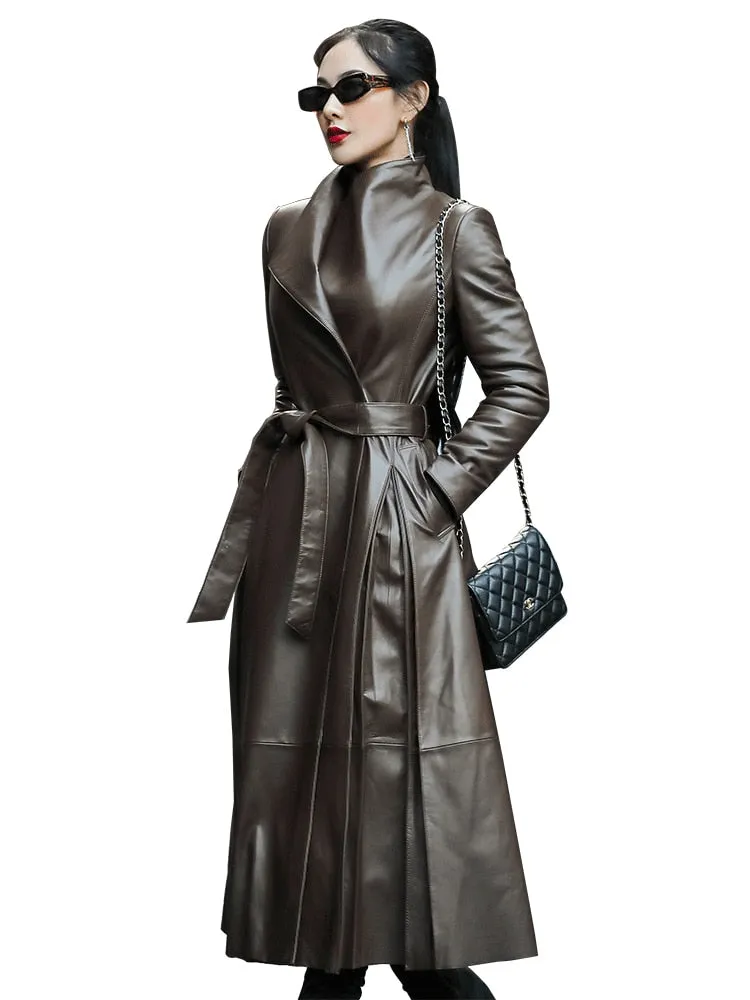 Autumn Long Brown Black Soft Faux Leather Trench Coat for Women Belt Skirted Elegant Luxury Fashion 5xl 6xl 7xl 2022