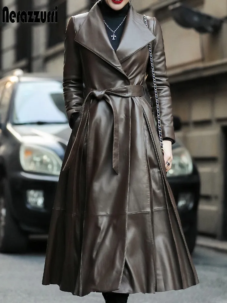 Autumn Long Brown Black Soft Faux Leather Trench Coat for Women Belt Skirted Elegant Luxury Fashion 5xl 6xl 7xl 2022