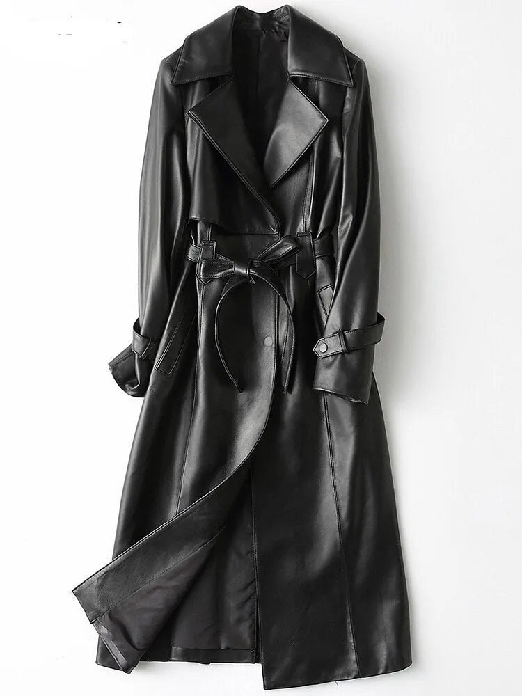 Autumn Long Long Black Pu Leather Trench Coat for Women