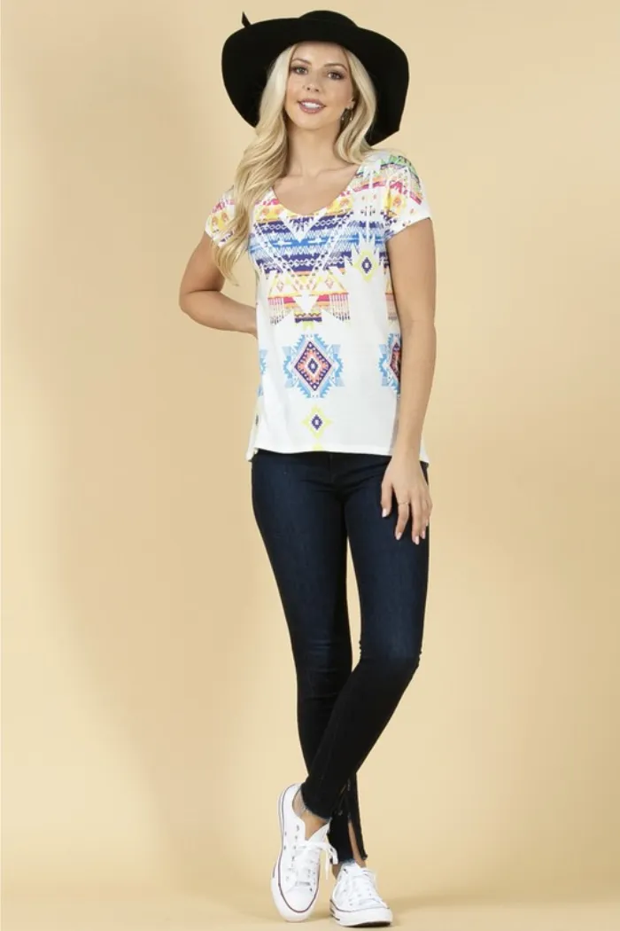 Aztec Print Graphic V Neck Ss Tee