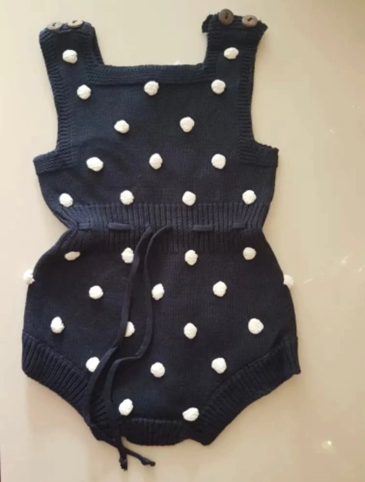 Baby Girl Knitted Romper with Bobbles / Pom Pom - Navy / White