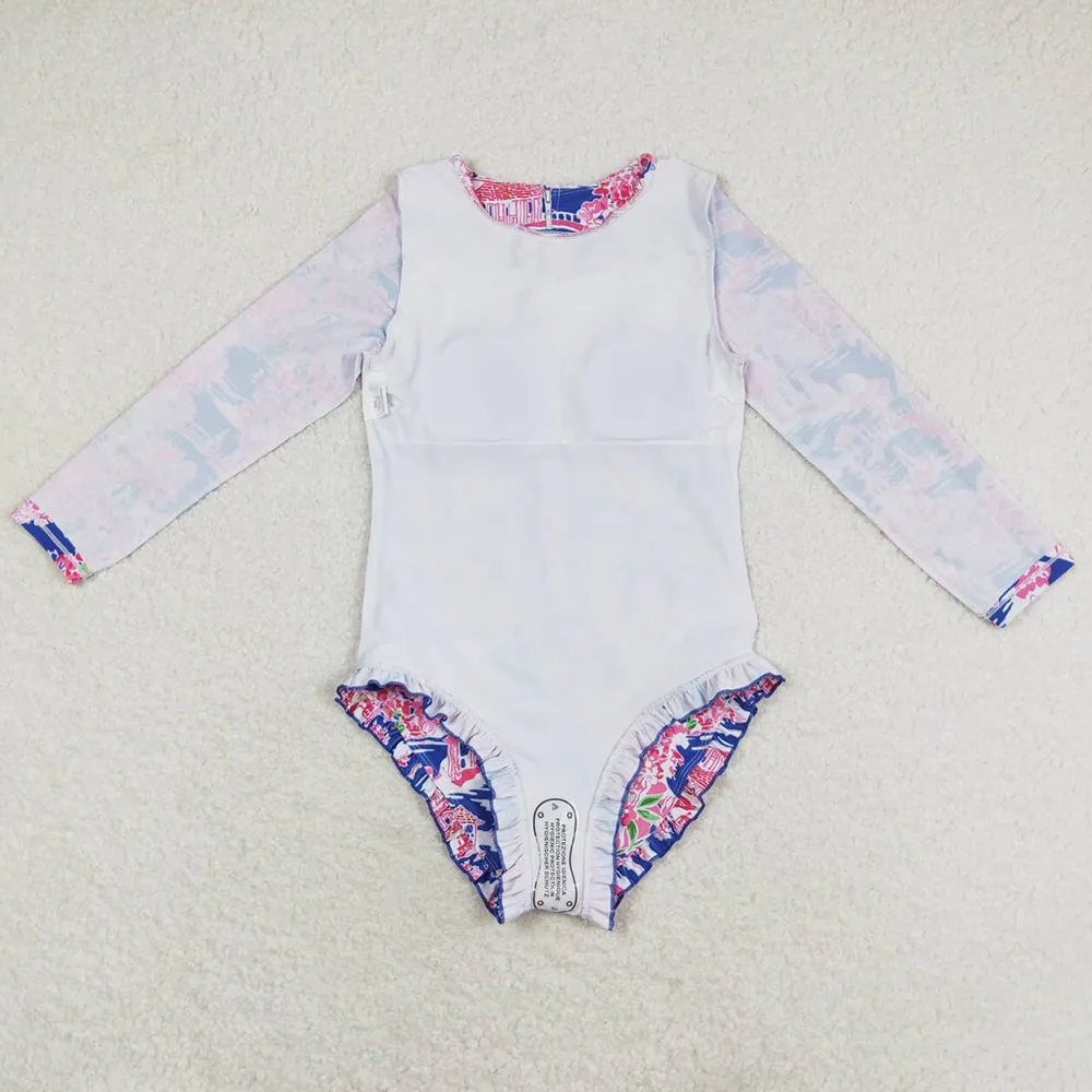 Baby Girls Swimsuits Pavilion Flowers Long Sleeve One Piece Swimsuits S0376