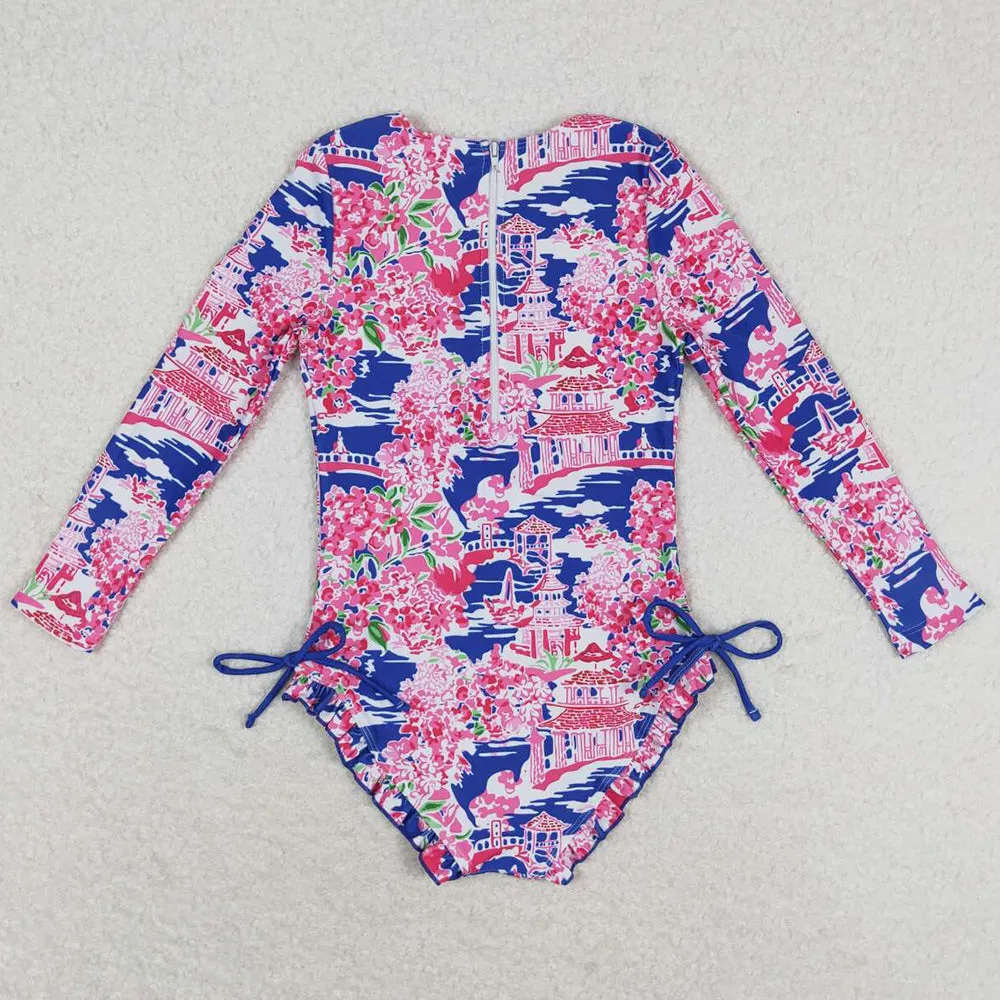 Baby Girls Swimsuits Pavilion Flowers Long Sleeve One Piece Swimsuits S0376