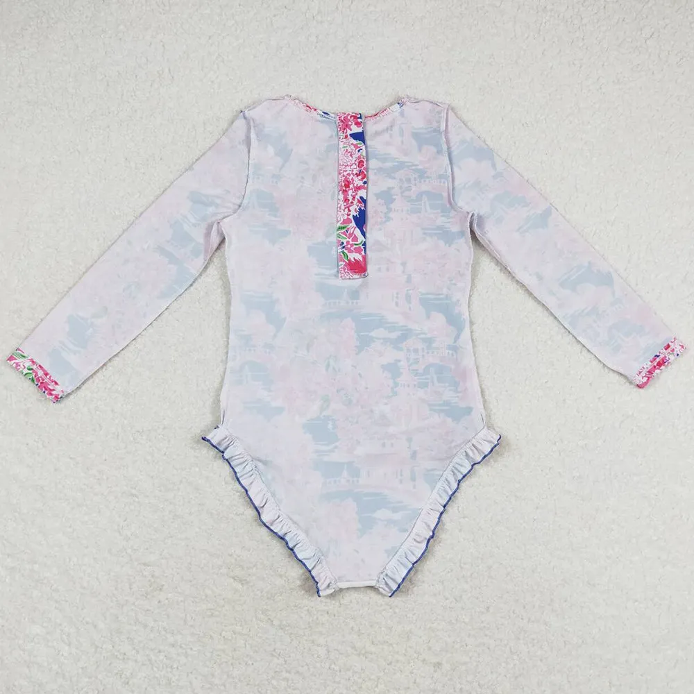 Baby Girls Swimsuits Pavilion Flowers Long Sleeve One Piece Swimsuits S0376