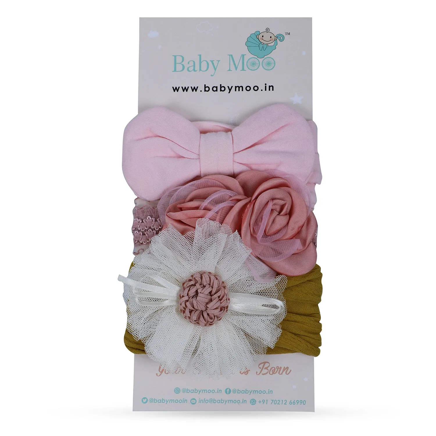 Baby Moo Pretty Floral Headband Set of 3 - Pink